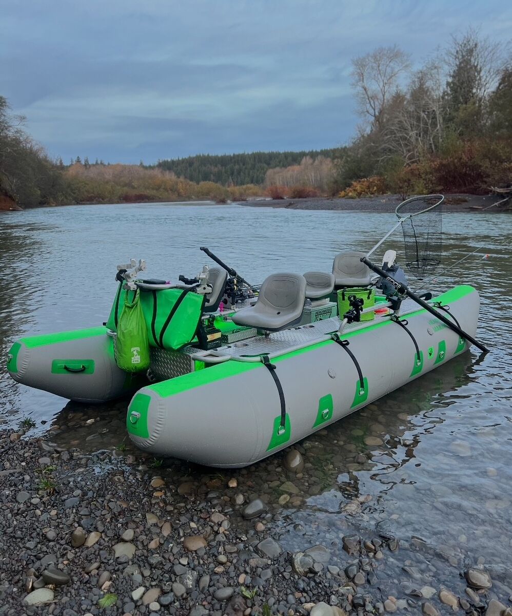 The Green Machine pontoon boat on a gravel bar