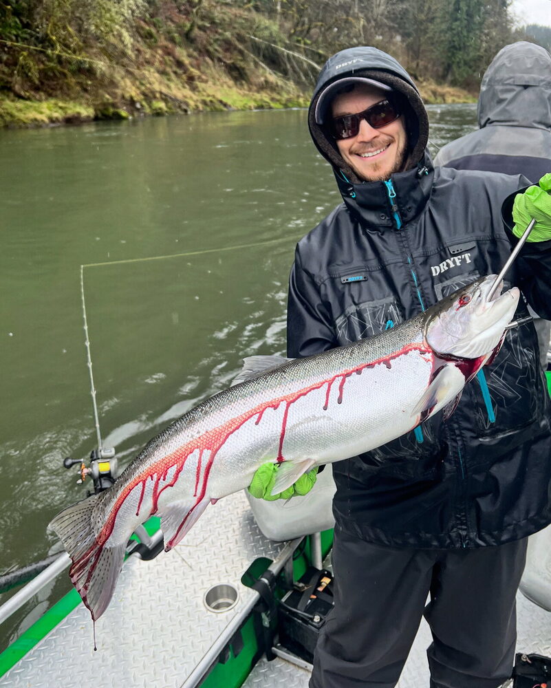 Angler in the river hoisting a big winter steelhead beside the Green Machine