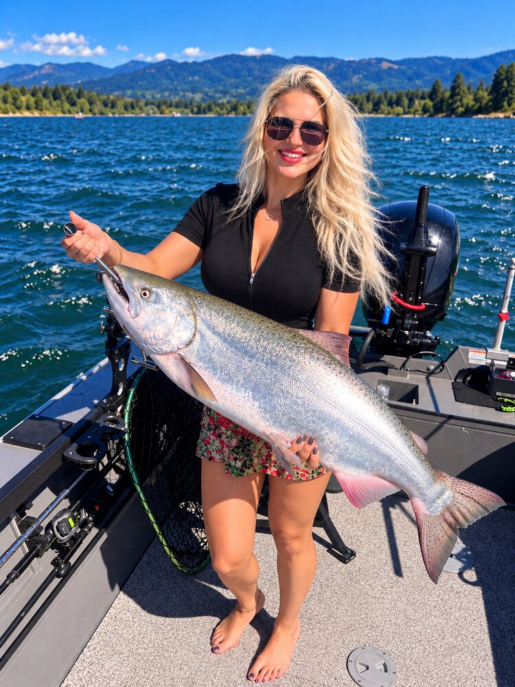 Angler holding a big chrome Chinook on the boat on a bluebird day