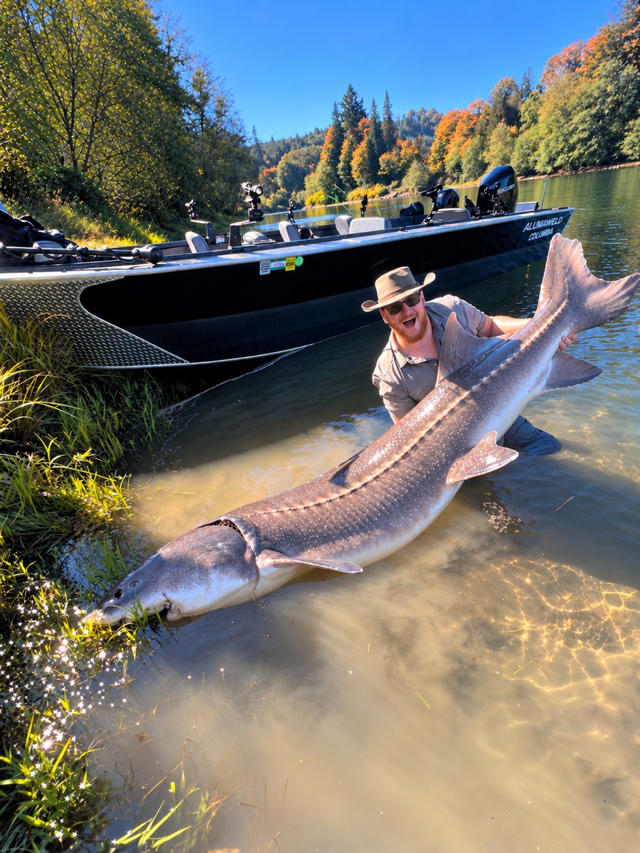 Josh Miller in the shallows beside the jet sled with a giant white sturgeon